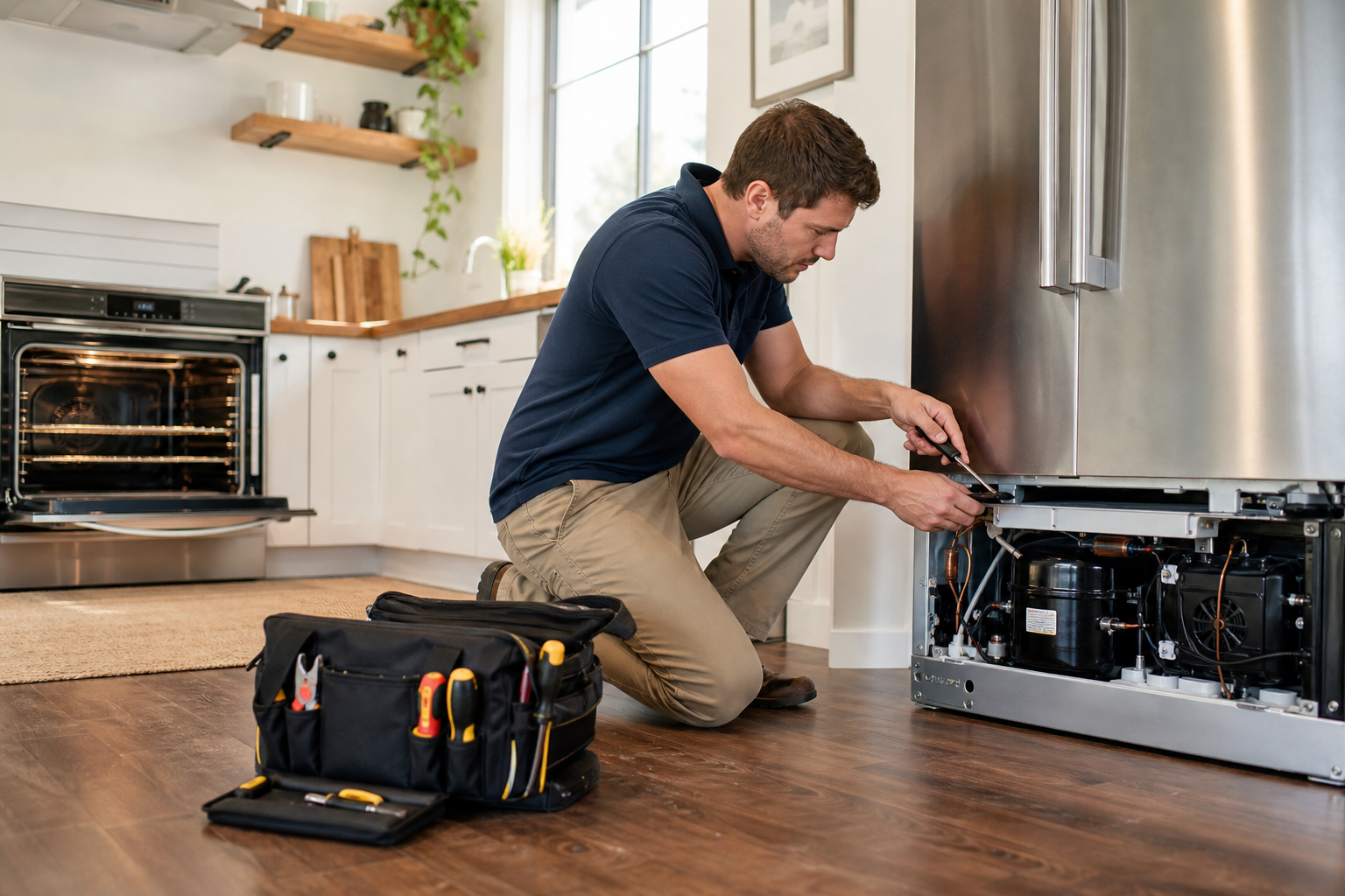 Appliance repair technician at work