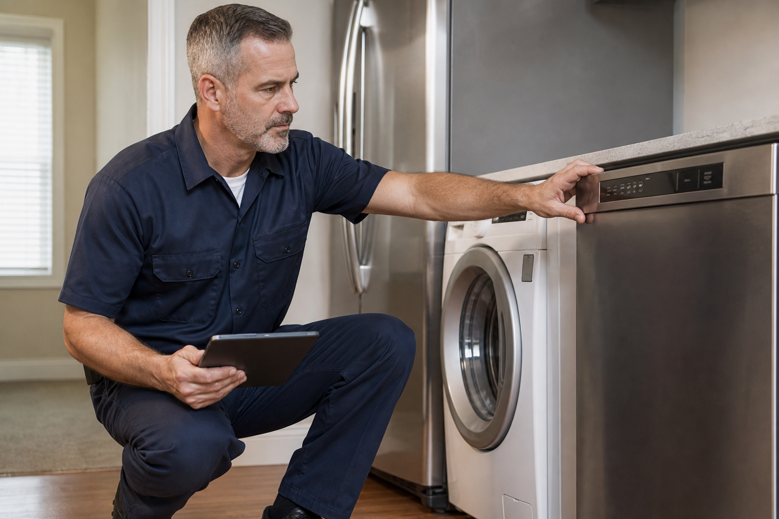 Appliance repair technician inspecting home appliances